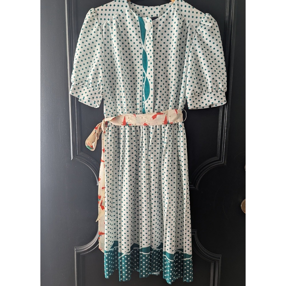 VTG 1980's Whirlaway Frocks Polka Dot Midi Day Dress Belted Puff Sleeve Sz 6P